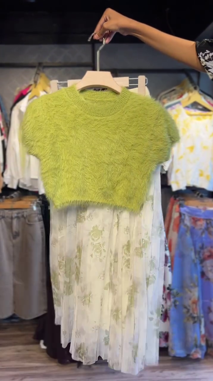 Cute Green Fuzzy Crop Sweater Dress Set – Cozy Winter Fashion