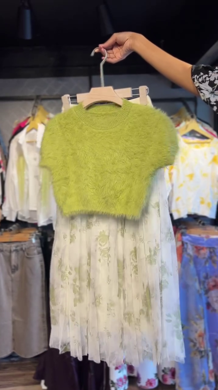 Cute Green Fuzzy Crop Sweater Dress Set – Cozy Winter Fashion