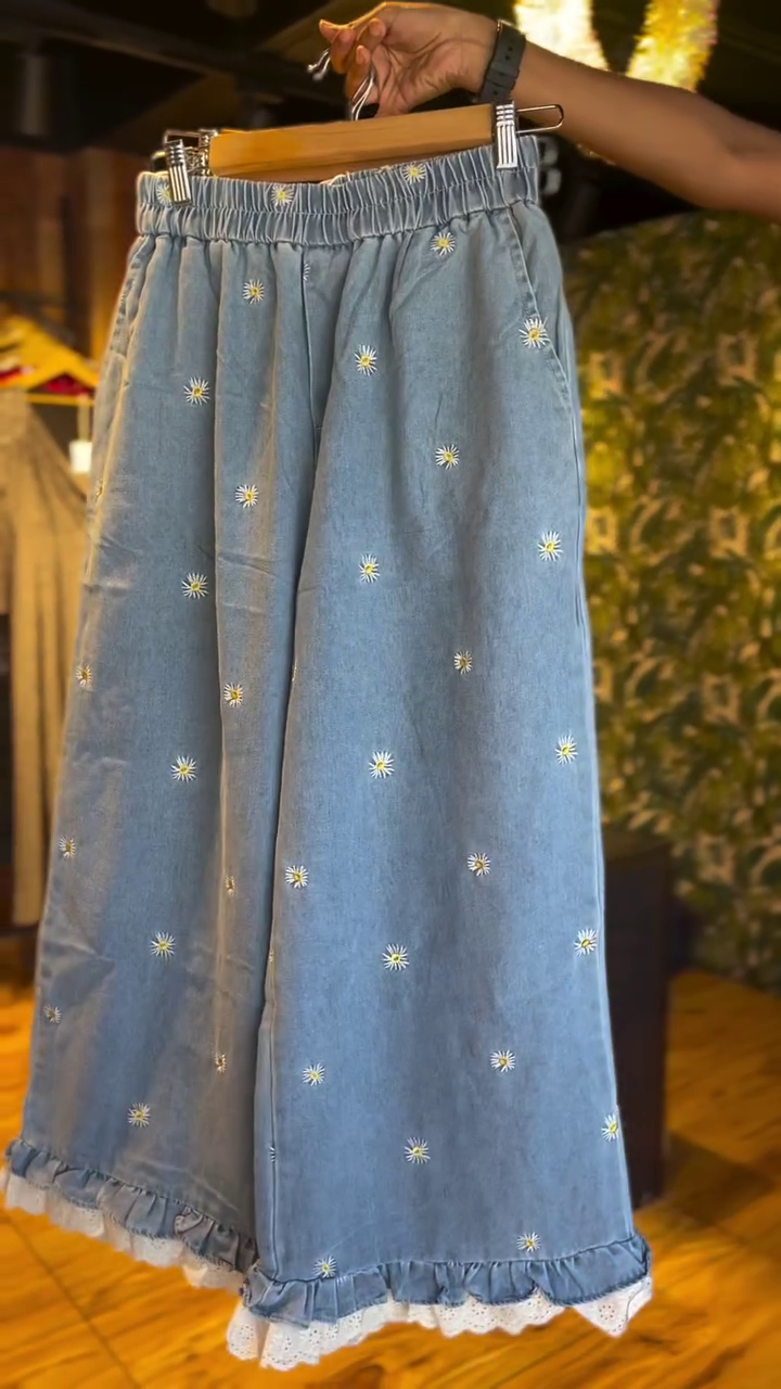 Trendy Wide Leg Denim Palazzo – Cute Flower Patch Style