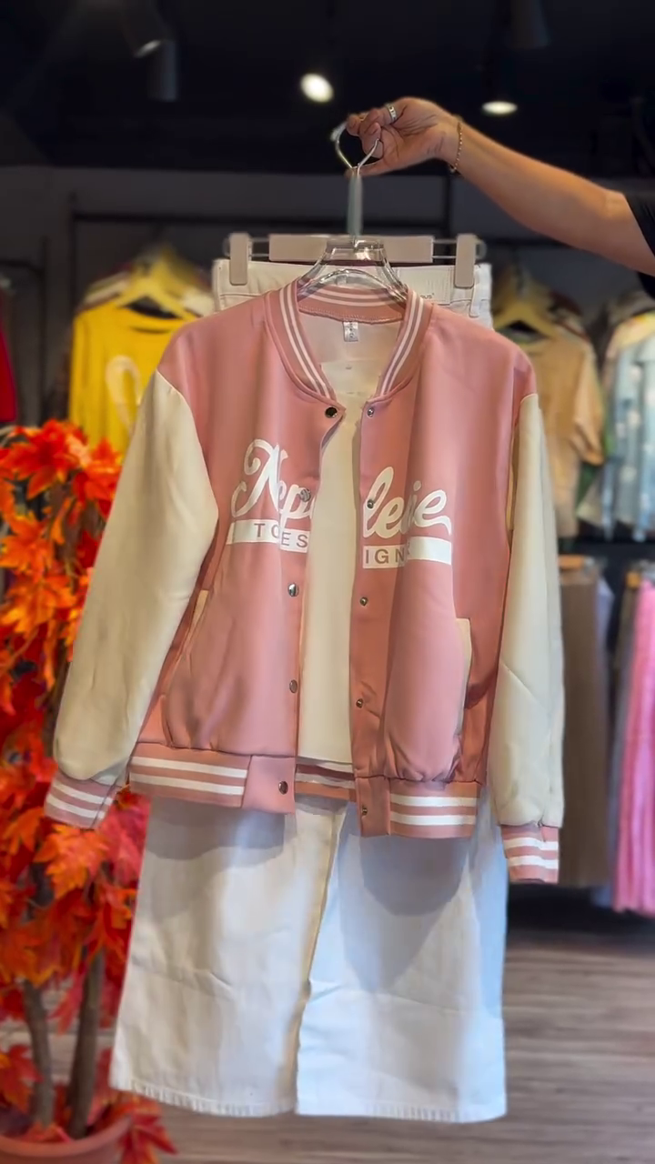 Cute Pink Varsity Jacket Set – Stylish Winter Party Look