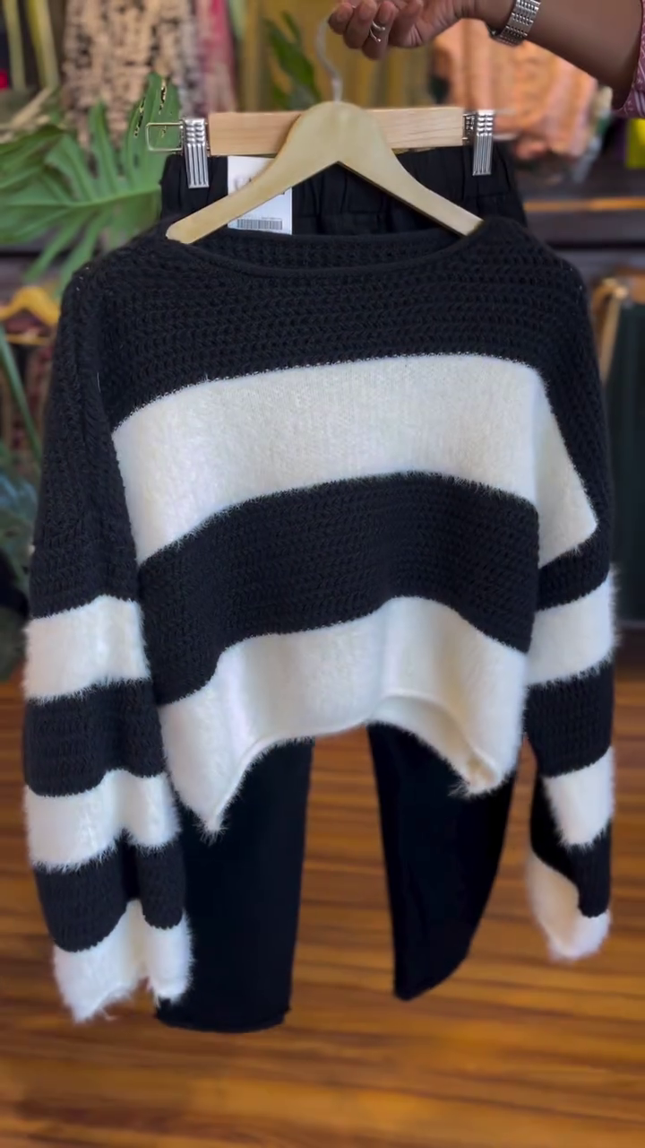 Black & White Striped Fuzzy Sweater Set – Cozy Winter Must Have