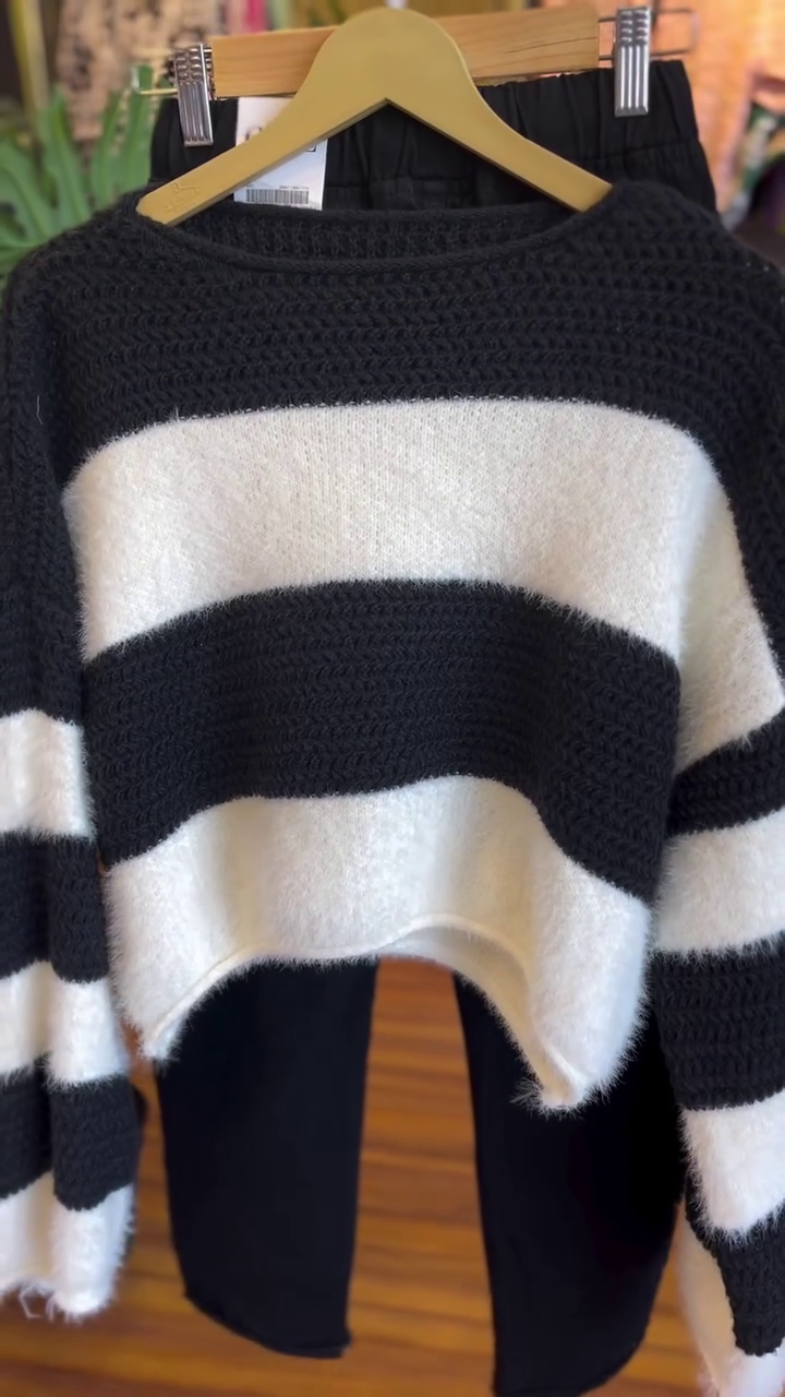 Black & White Striped Fuzzy Sweater Set – Cozy Winter Must Have