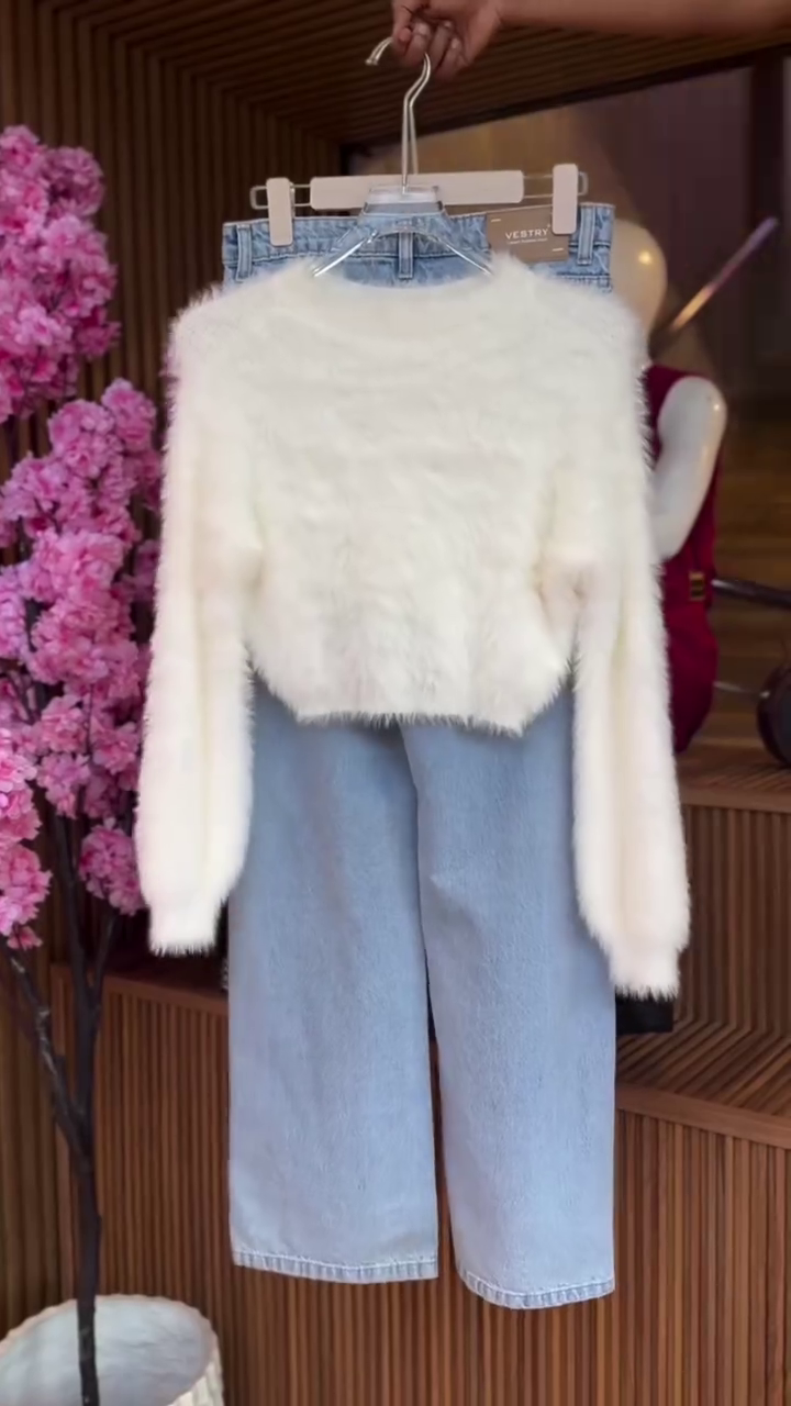 Premium White Fuzzy Sweater + Denim Set – Winter Cozy & Stylish Look