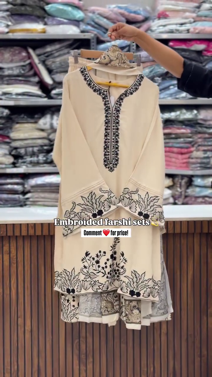 Elegant Cream Embroidered Farshi Set – Premium Black Thread Work Look