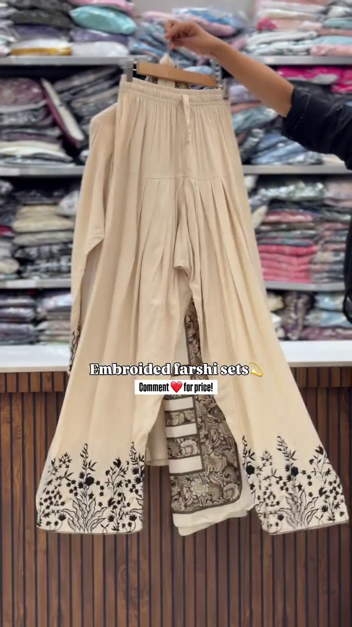 Elegant Cream Embroidered Farshi Set – Premium Black Thread Work Look