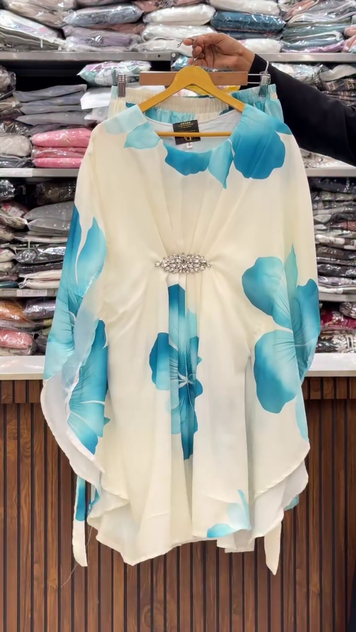 Stylish White Blue Floral Kaftan – Premium Brooch Partywear Look