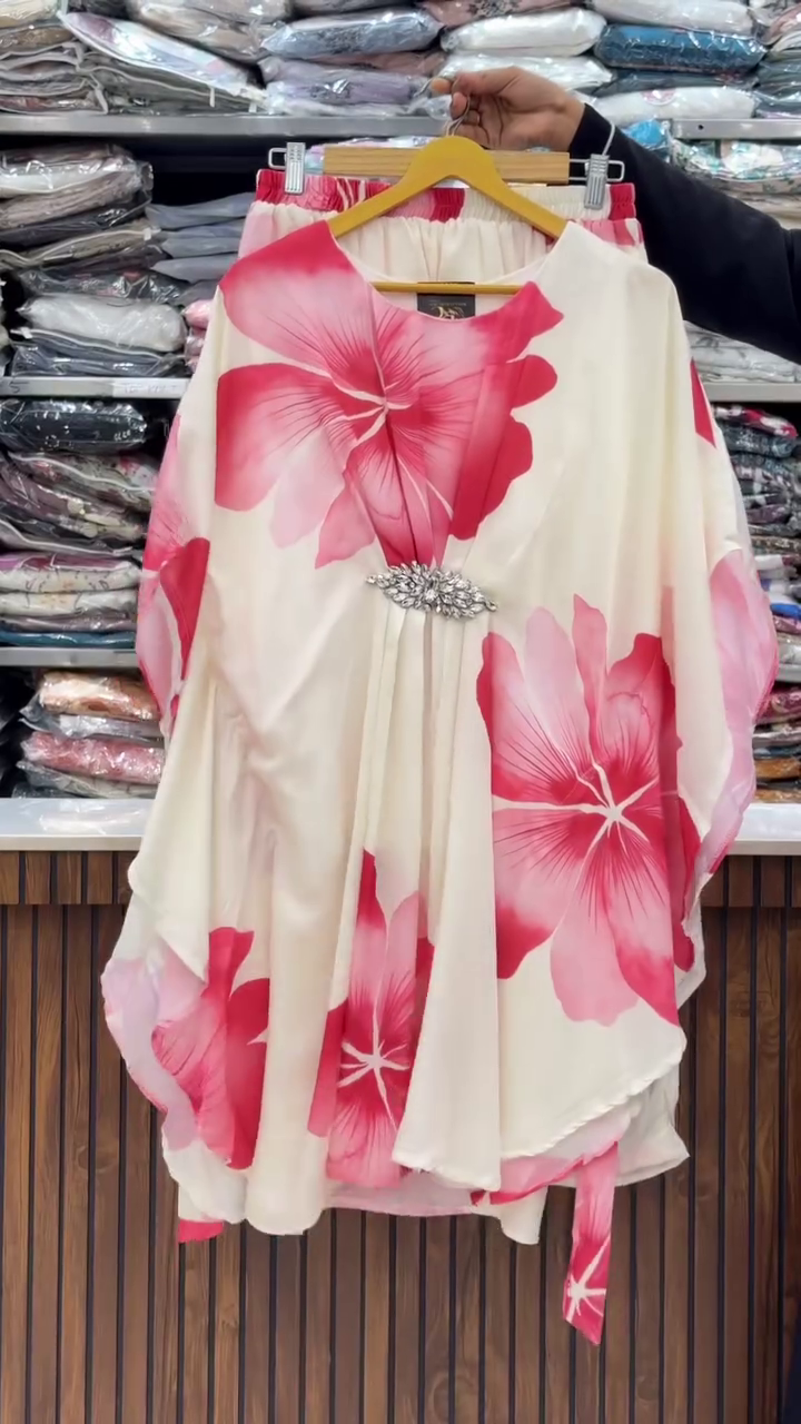 Stylish White Blue Floral Kaftan – Premium Brooch Partywear Look