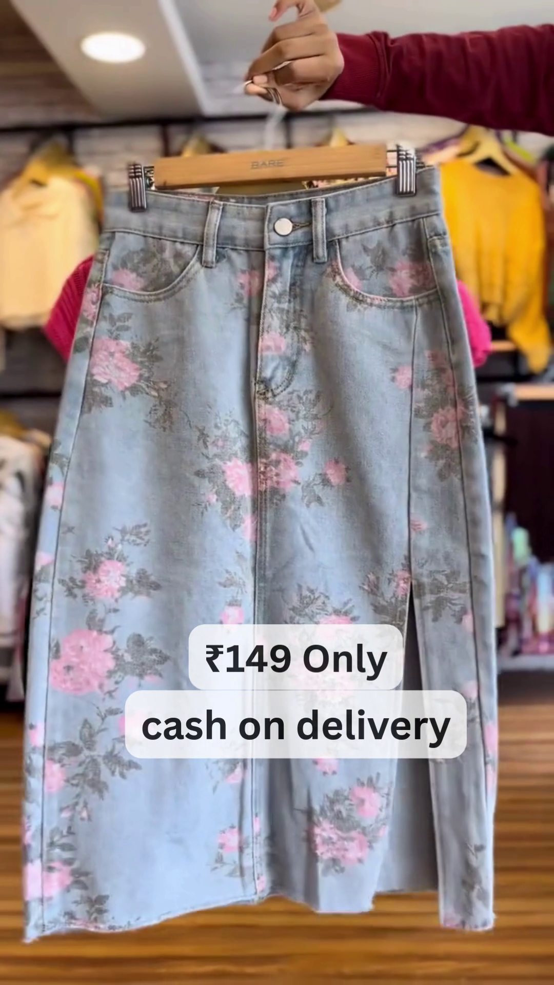 Hot Pink Ribbed Knit Top with Floral Denim Skirt – Bold & Playful