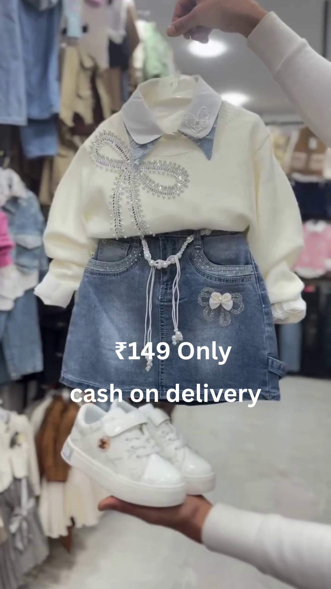 Chic Pearl-Embellished Sweater & Denim Set – Stylish Kidswear at ₹149 with Cash on Delivery