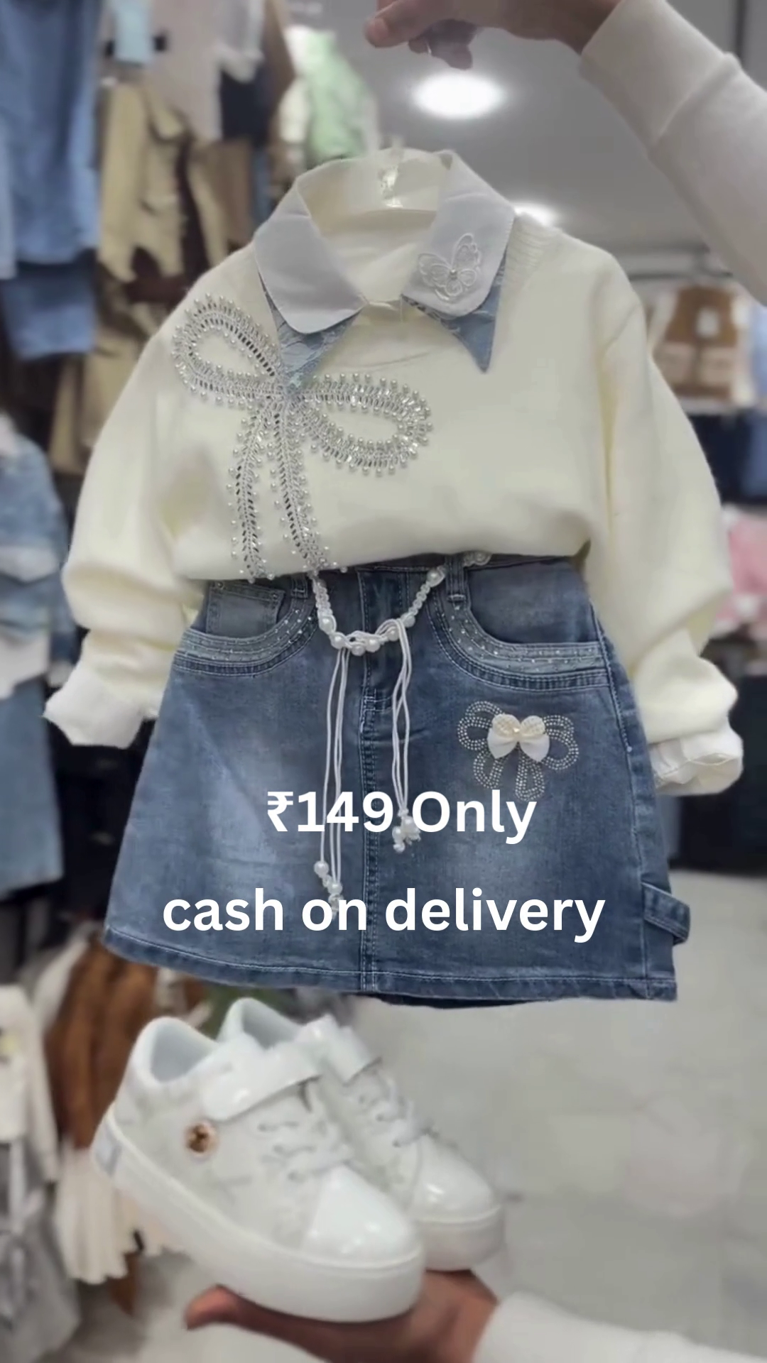 Chic Pearl-Embellished Sweater & Denim Set – Stylish Kidswear at ₹149 with Cash on Delivery