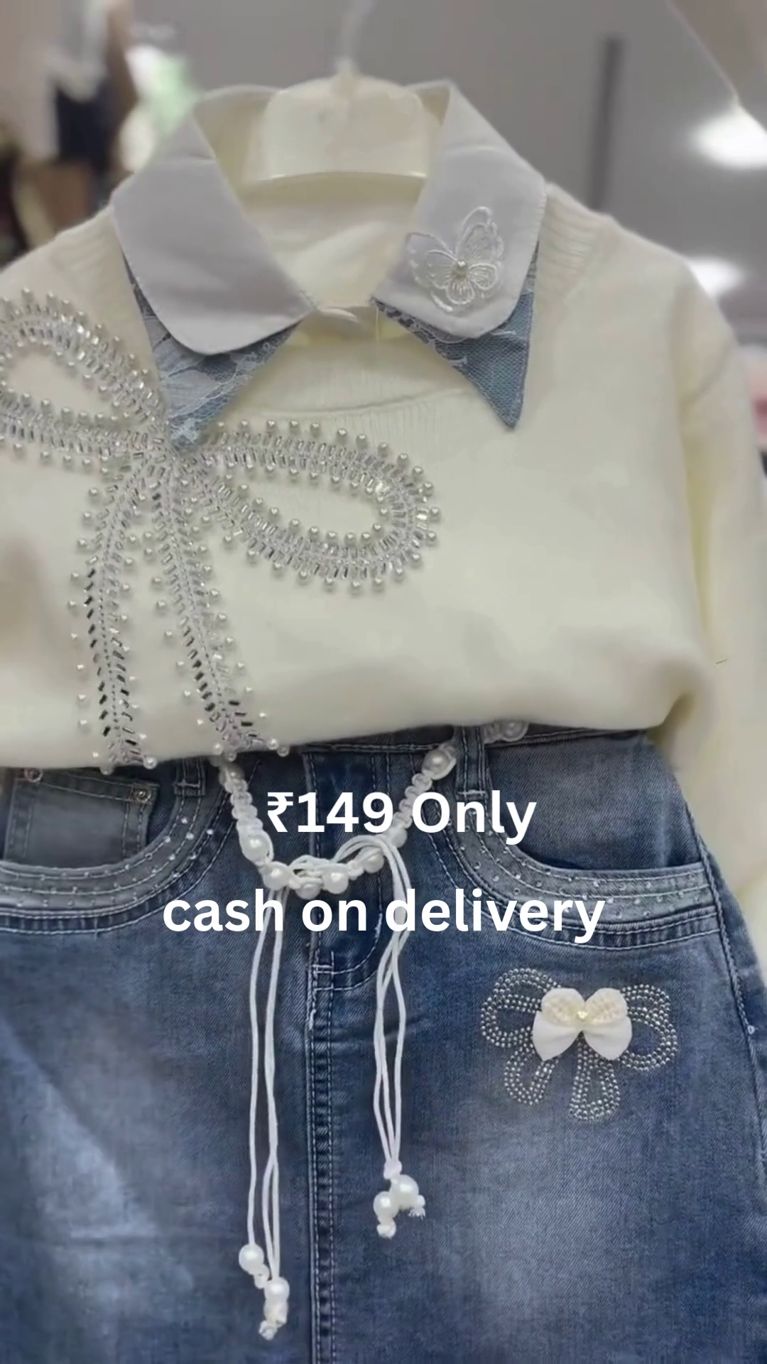 Chic Pearl-Embellished Sweater & Denim Set – Stylish Kidswear at ₹149 with Cash on Delivery