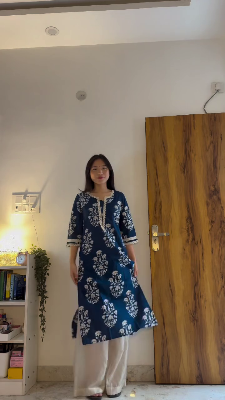 Elegant Blue Printed Kurta with White Palazzo – Effortless Everyday Grace