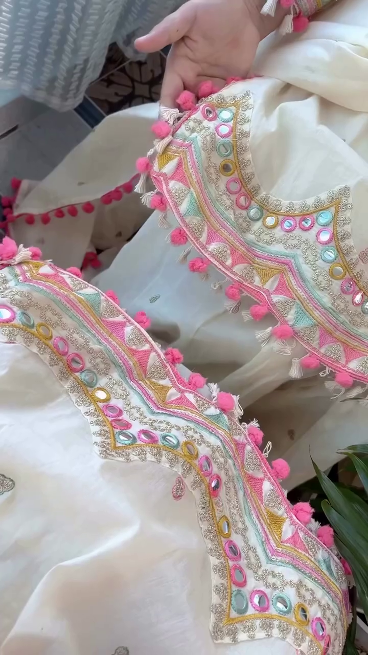 Cream & Pink Pom-Pom Suit Set – Soft Festive Glam