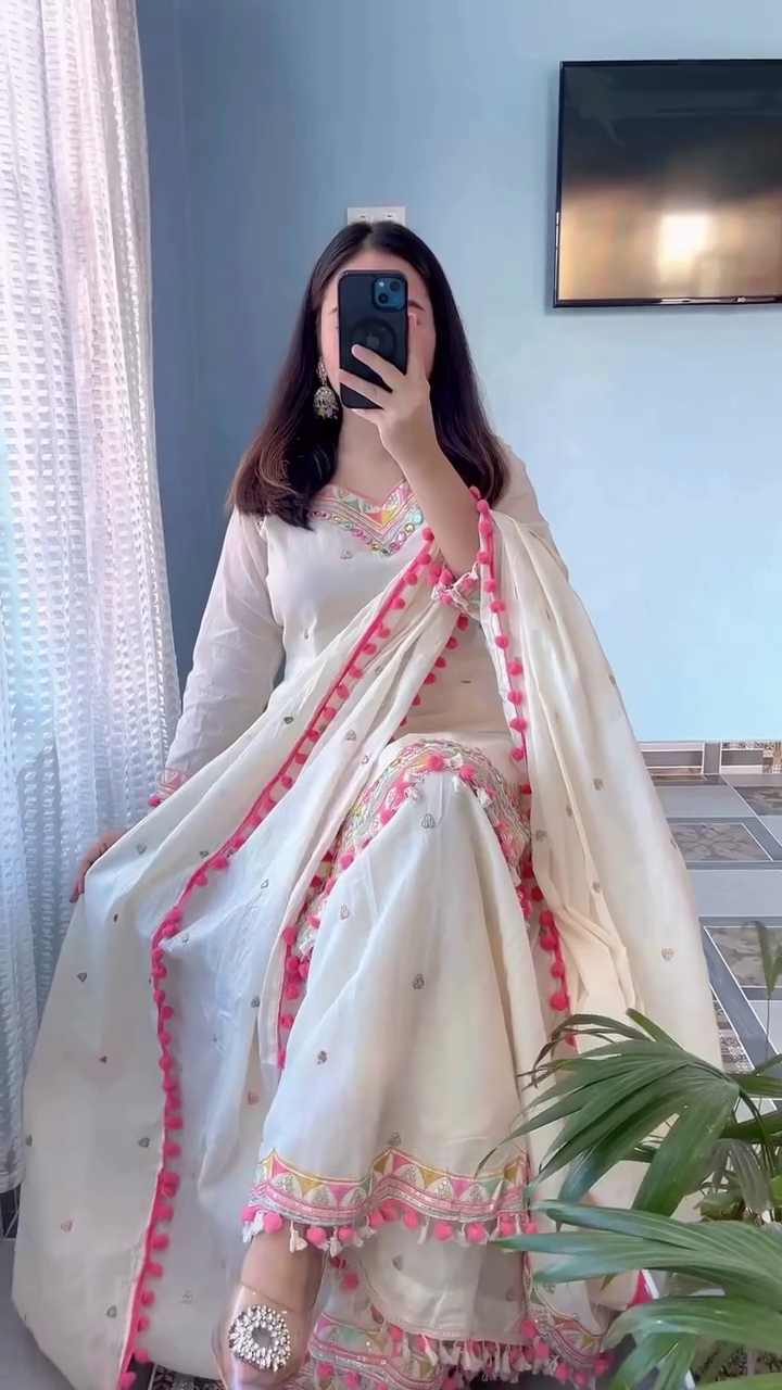 Cream & Pink Pom-Pom Suit Set – Soft Festive Glam