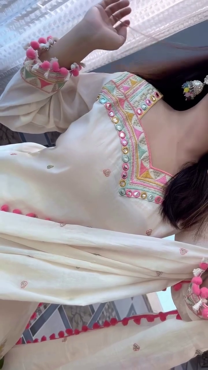 Cream & Pink Pom-Pom Suit Set – Soft Festive Glam