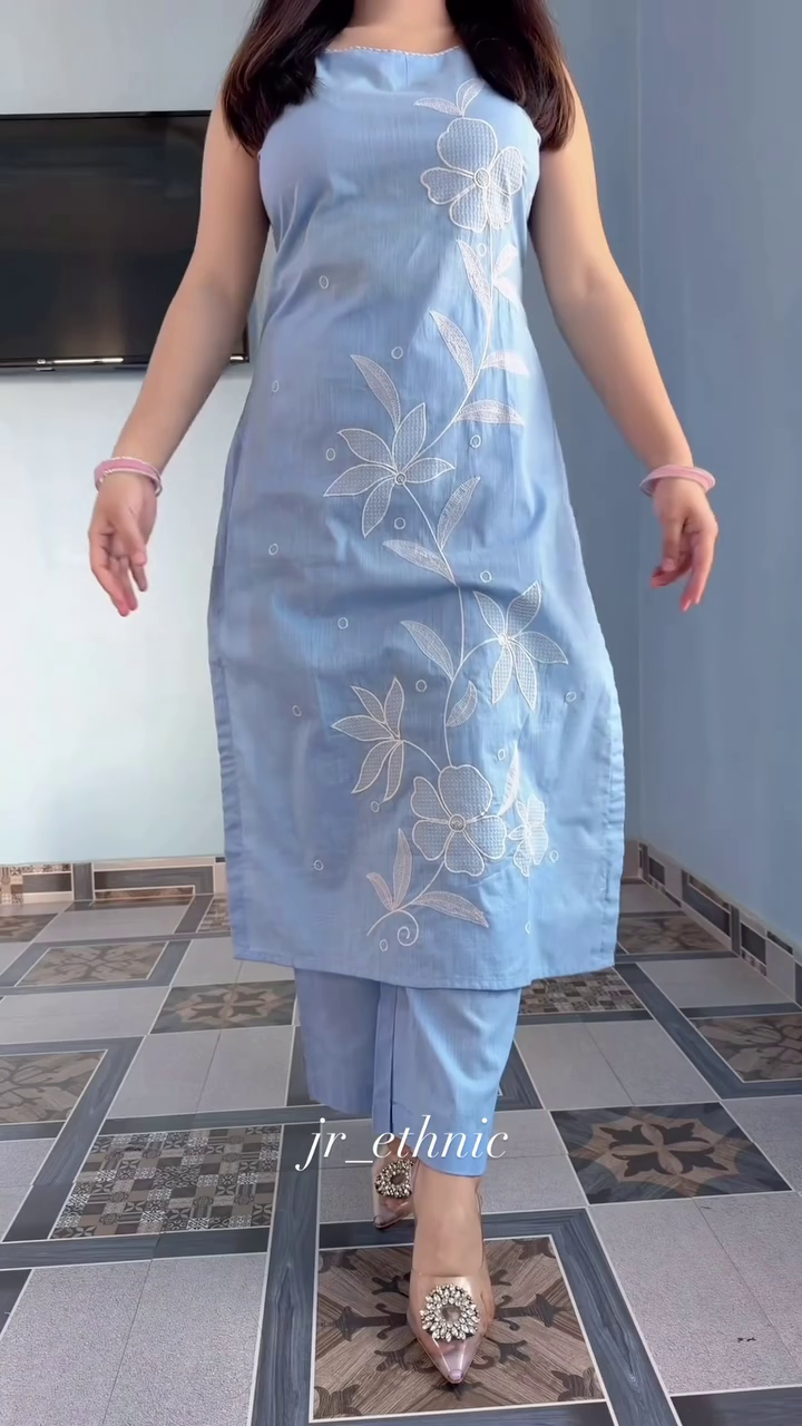Powder Blue Floral Embroidered Suit – Soft Contemporary Elegance