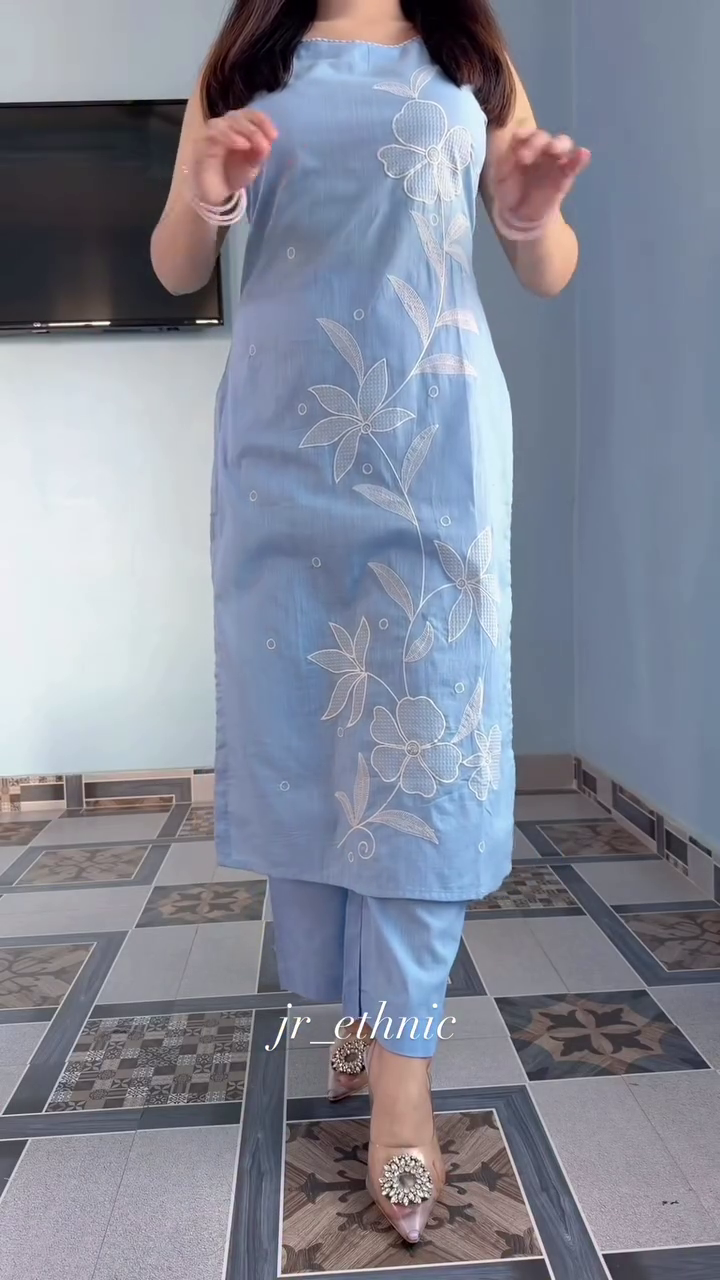 Powder Blue Floral Embroidered Suit – Soft Contemporary Elegance