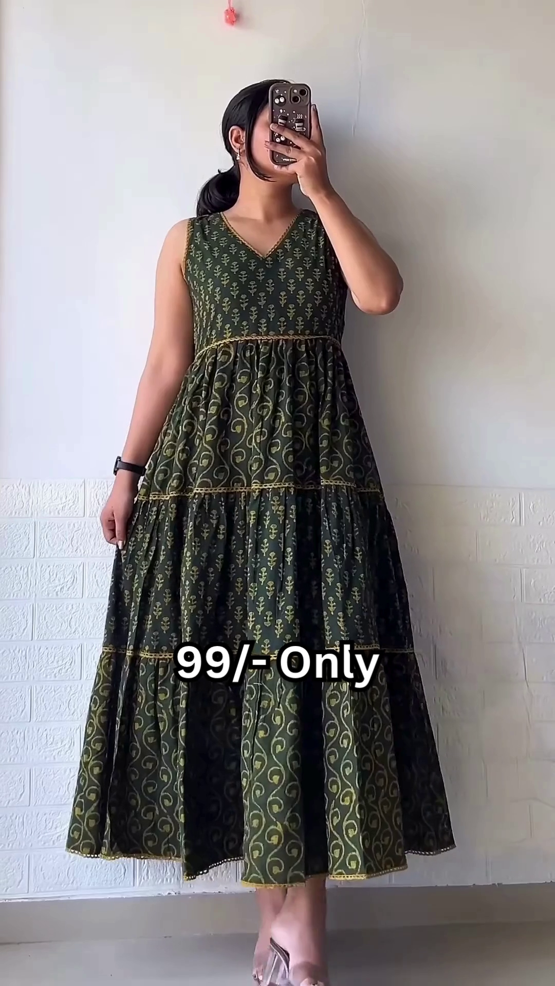 Leaf Print Green Flared Dress 