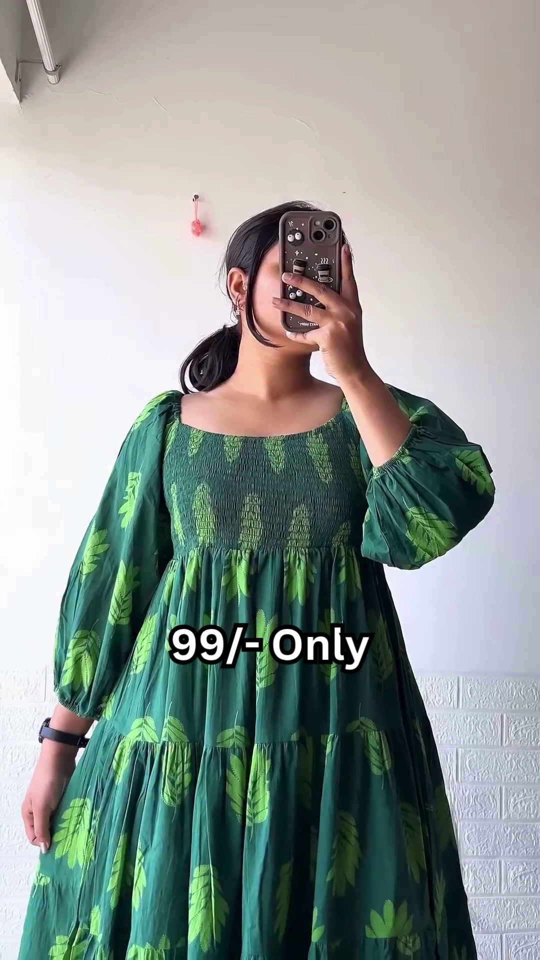 Leaf Print Green Flared Dress 