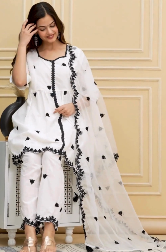 Classic White & Black Embroidered Suit Set – Timeless Elegance
