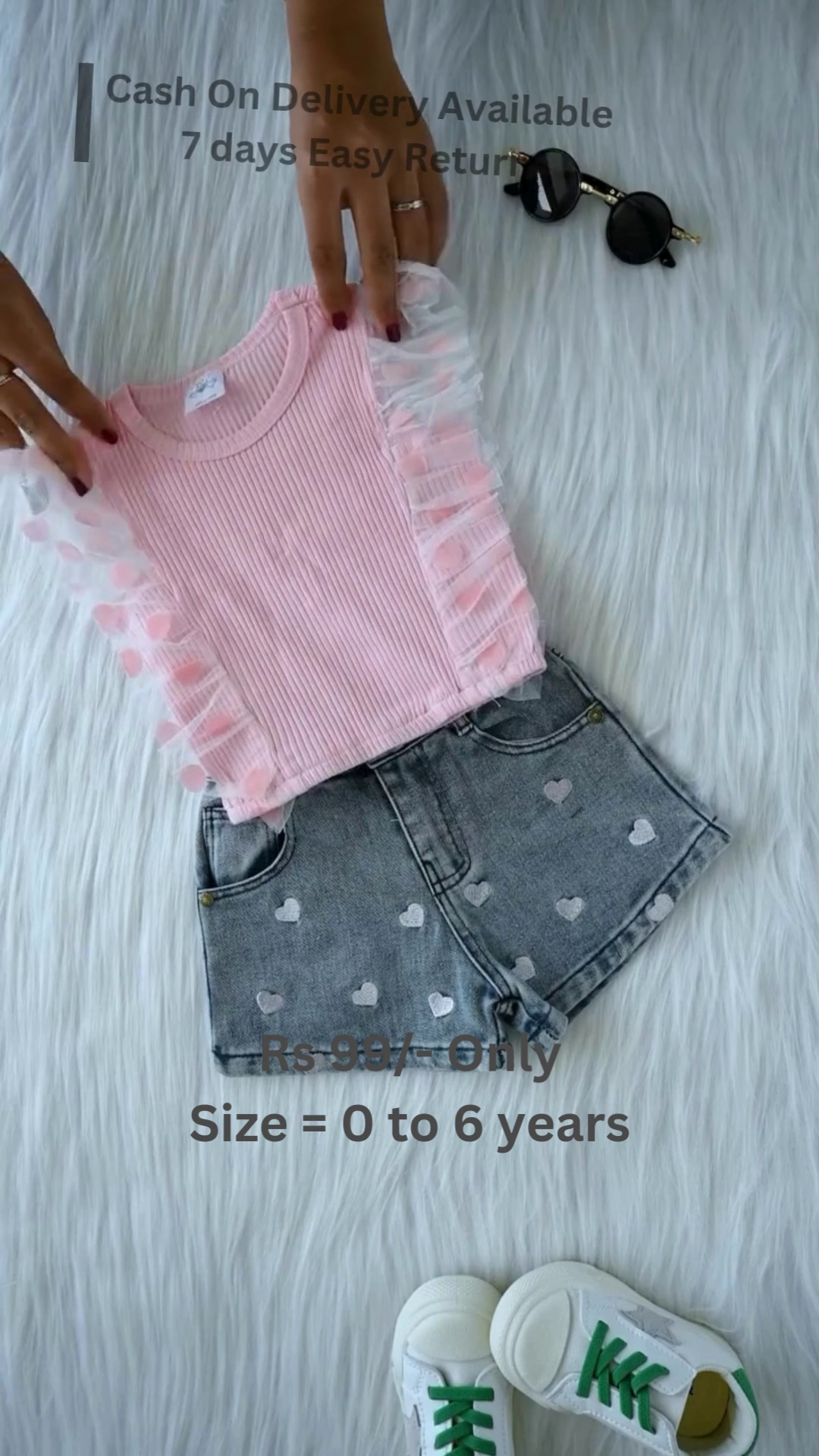 Girls Cute Heart Denim Skirt Set