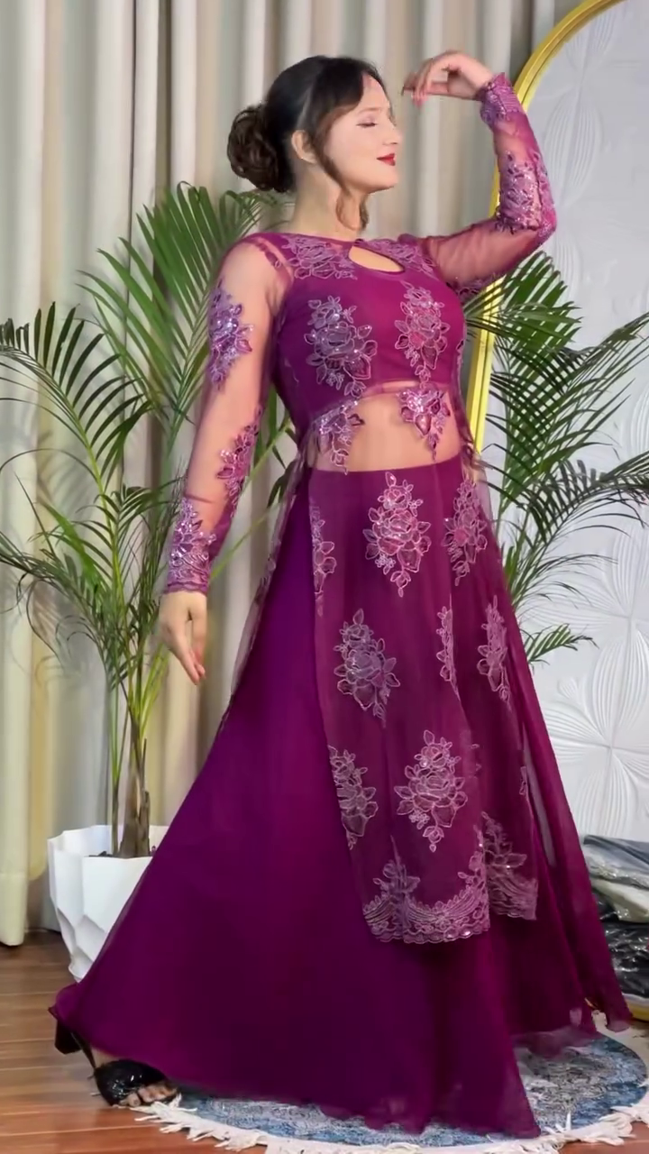 Elegant Wine Purple Embroidered Party Wear Gown – Stylish Ethnic Fusion Outfit