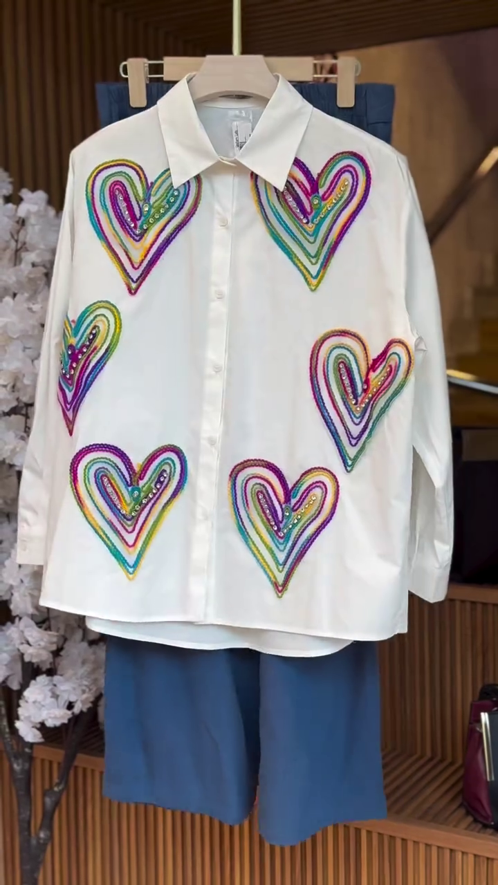 Trendy White Shirt with Colorful Heart Embroidery