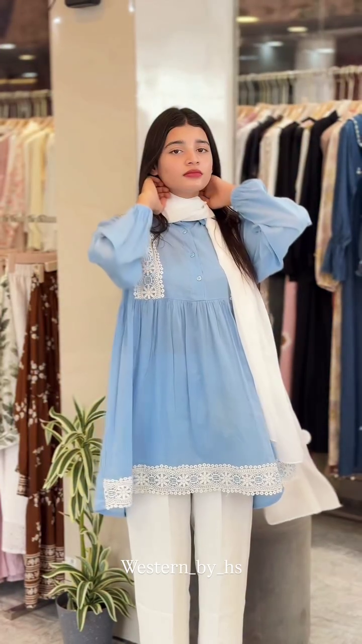 Elegant Sky Blue Kurti with Lace Detailing