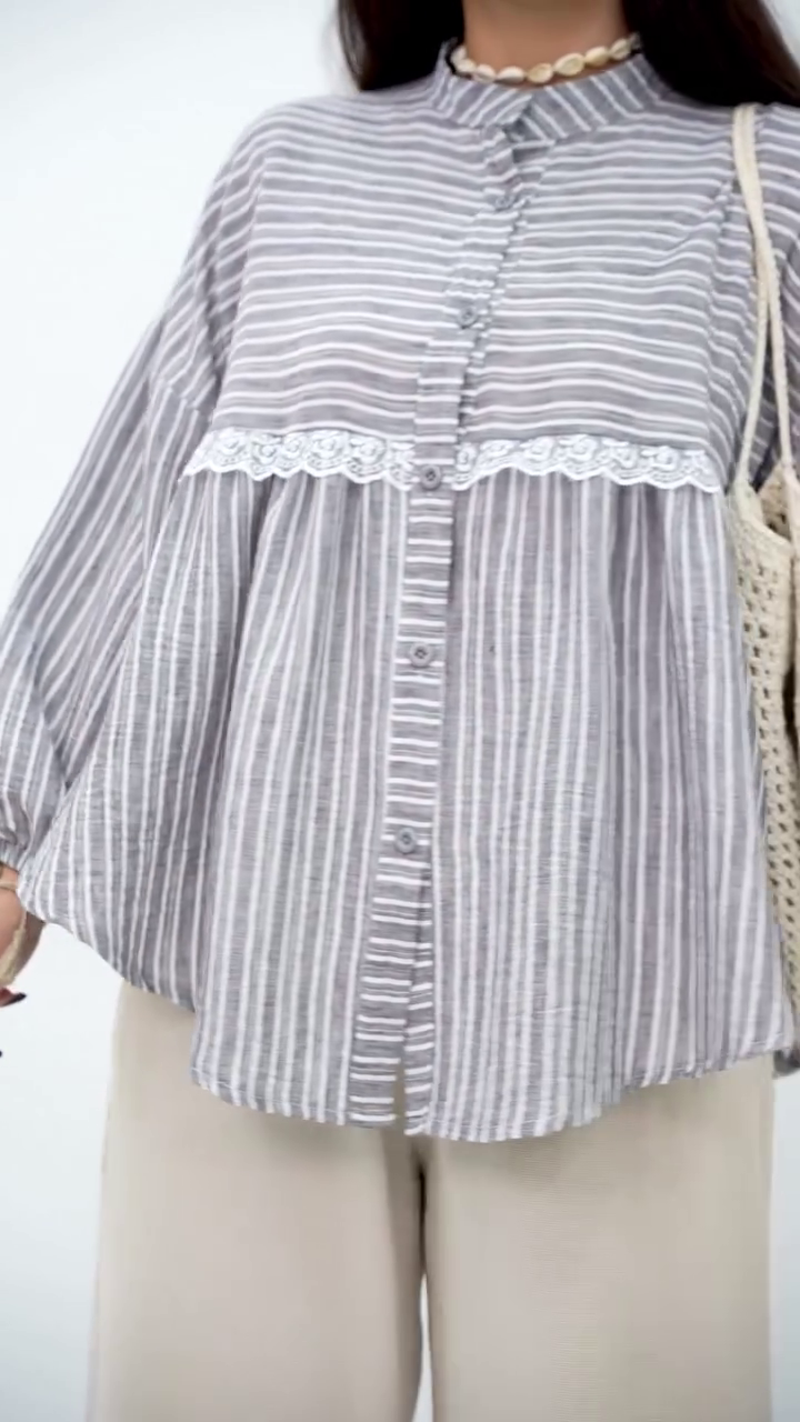 Classic Grey Striped Blouse with Lace Detail