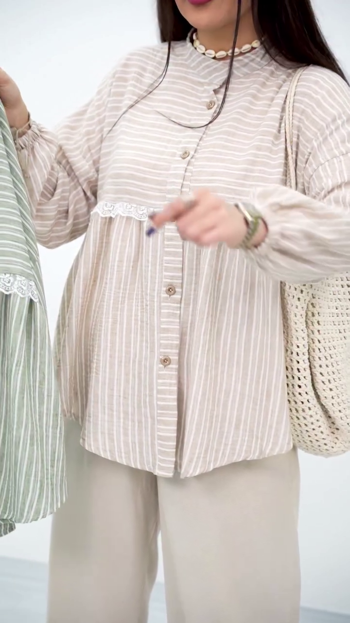 Classic Grey Striped Blouse with Lace Detail