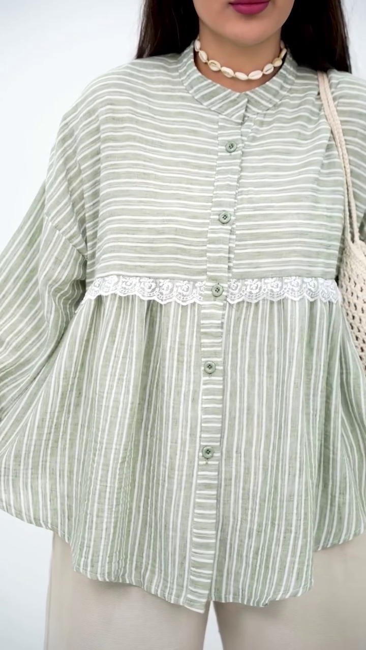 Classic Grey Striped Blouse with Lace Detail