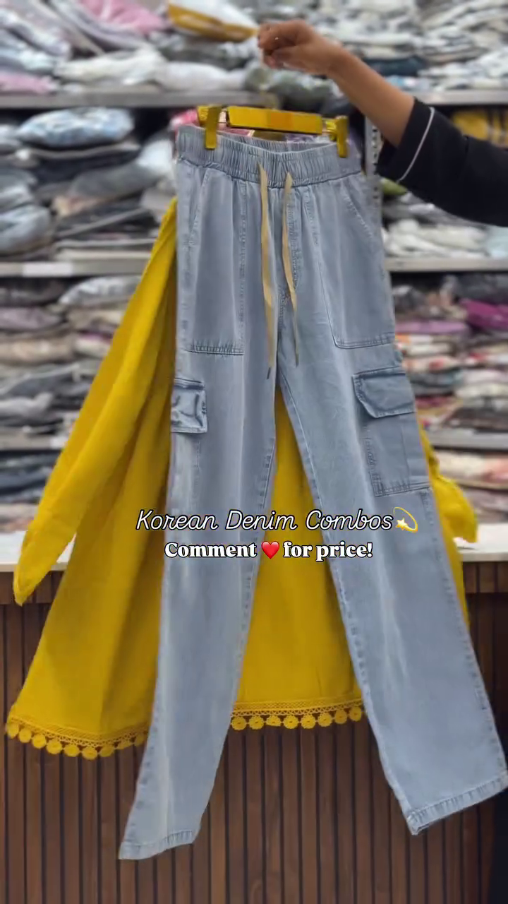 Trendy Mustard Korean Top with Denim – Modern Casual Style