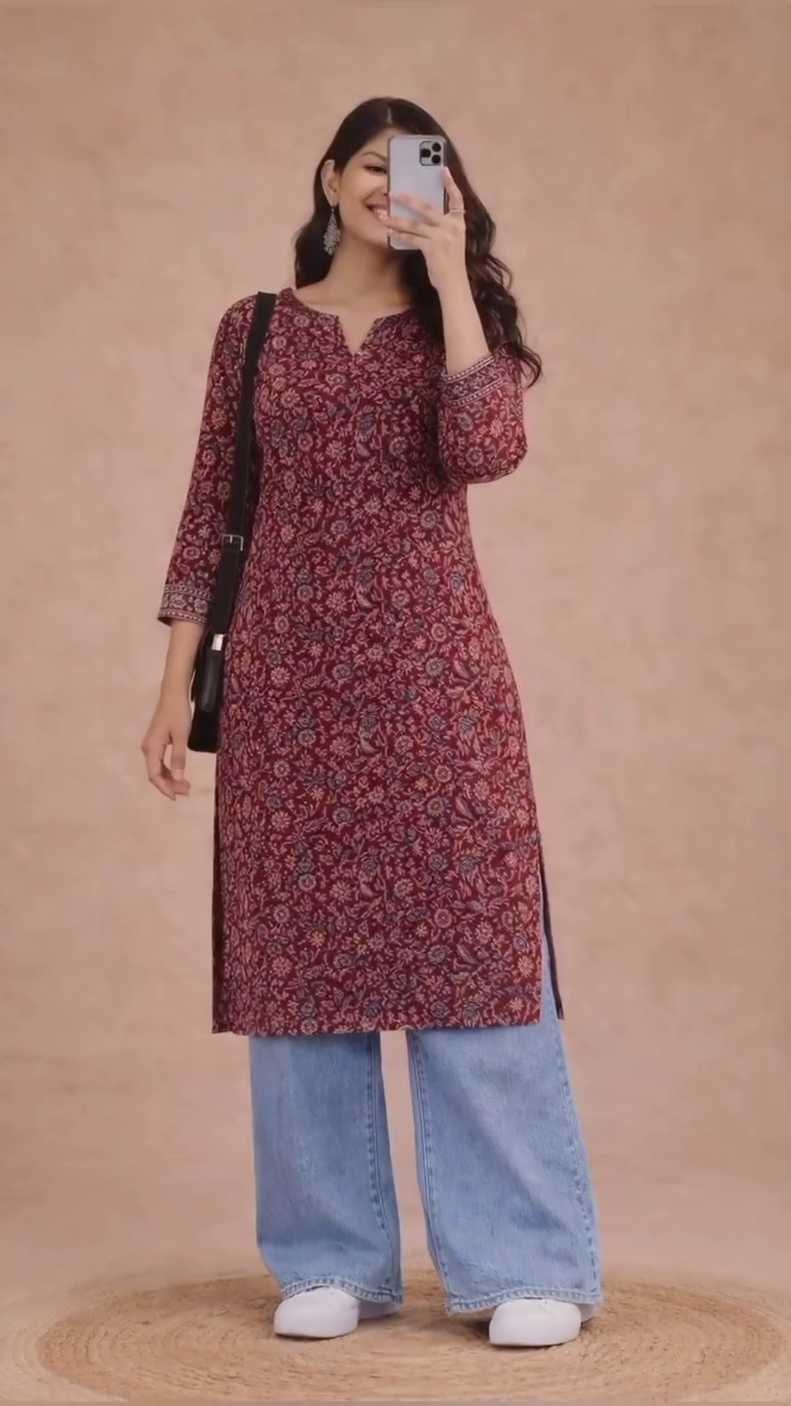 ❤️ Everyday Stylish – Printed Kurta with Denim Look