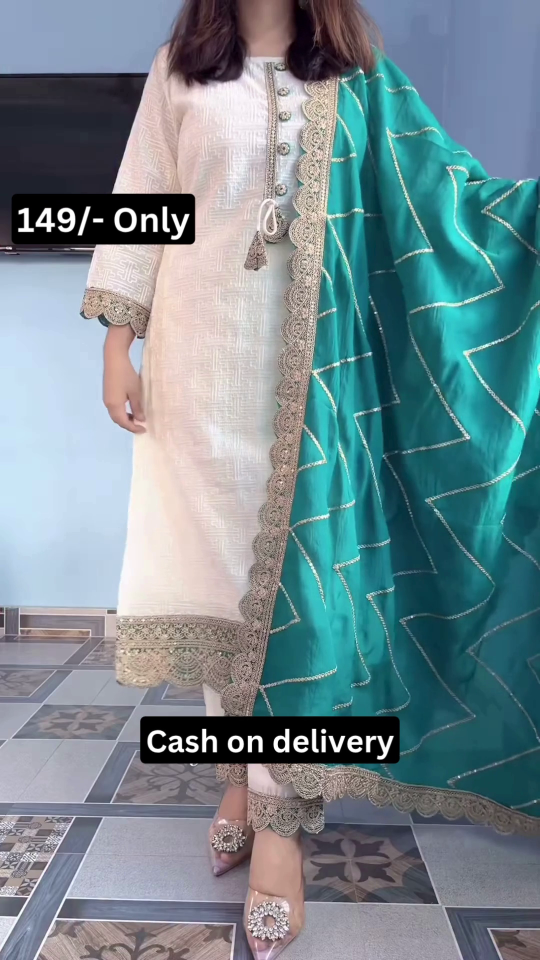 Elegant White Suit with Emerald Dupatta