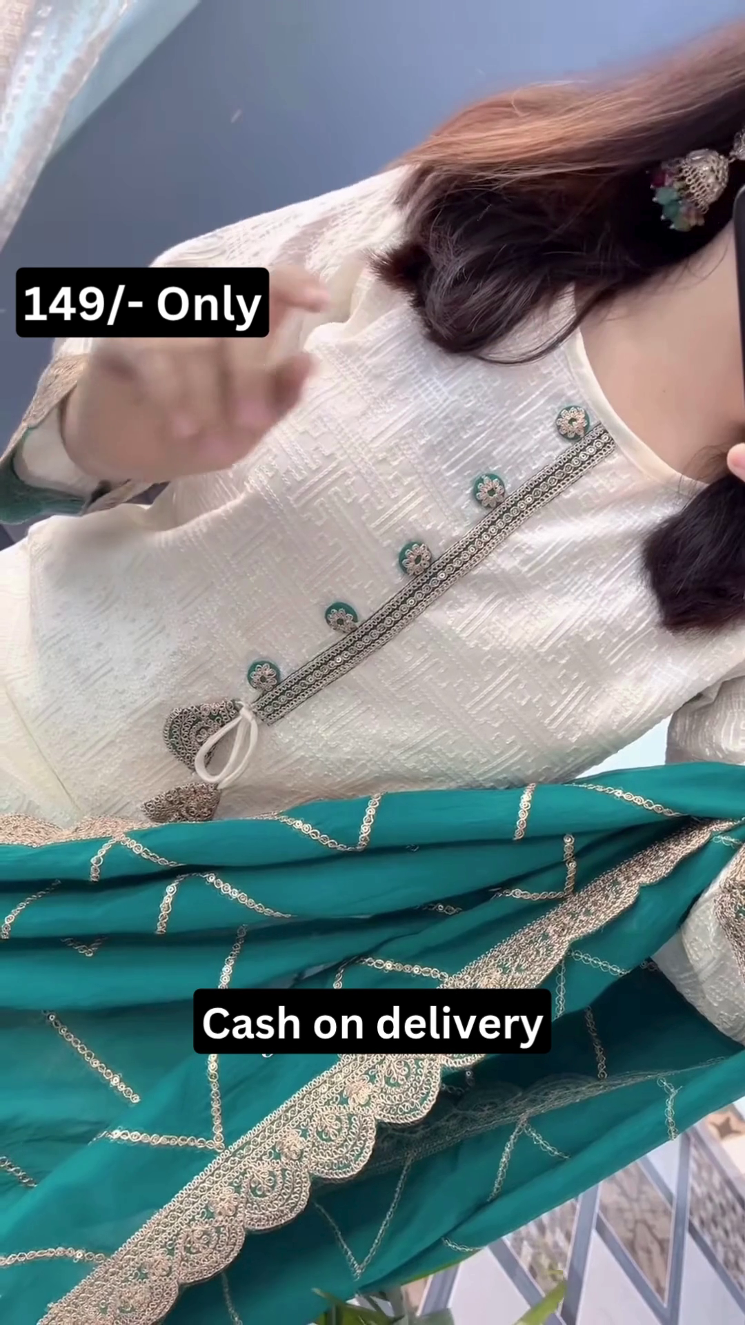 Elegant White Suit with Emerald Dupatta