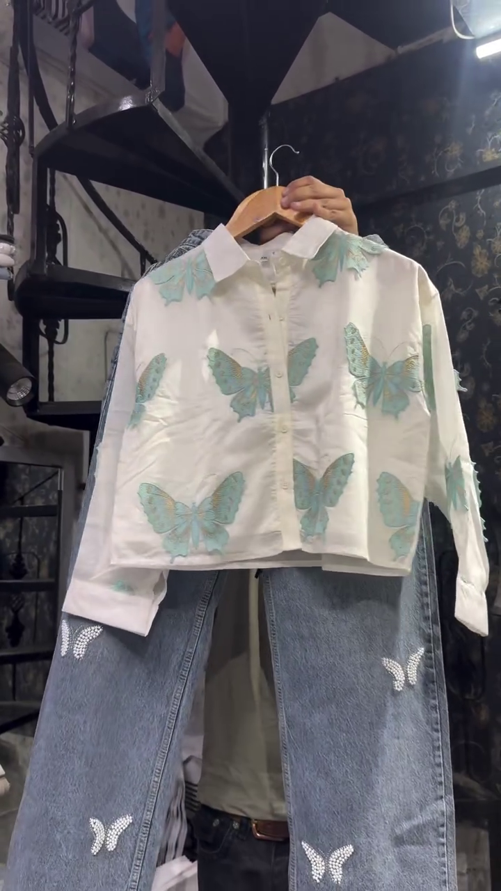Butterfly Print Crop Top with Denim – Cute & Casual Combo 🦋