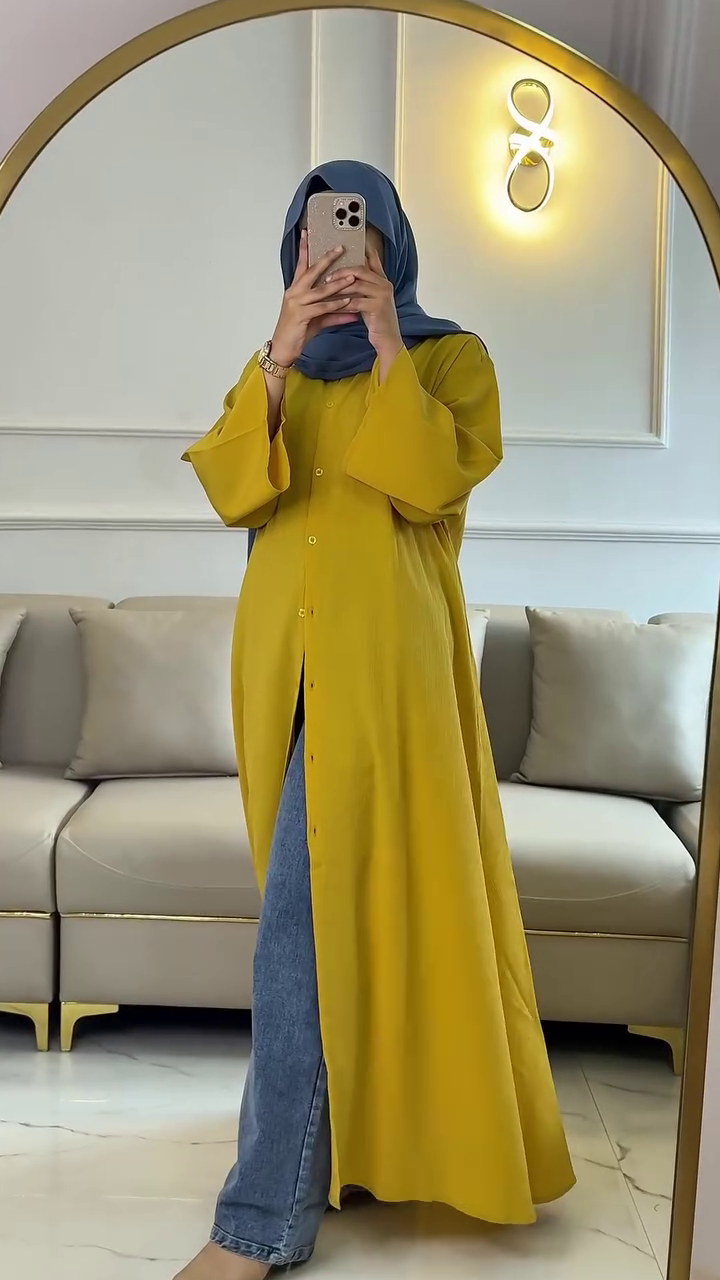 Mustard Long Shrug Dress with Denim – Modest & Trendy Fusion Look 💛