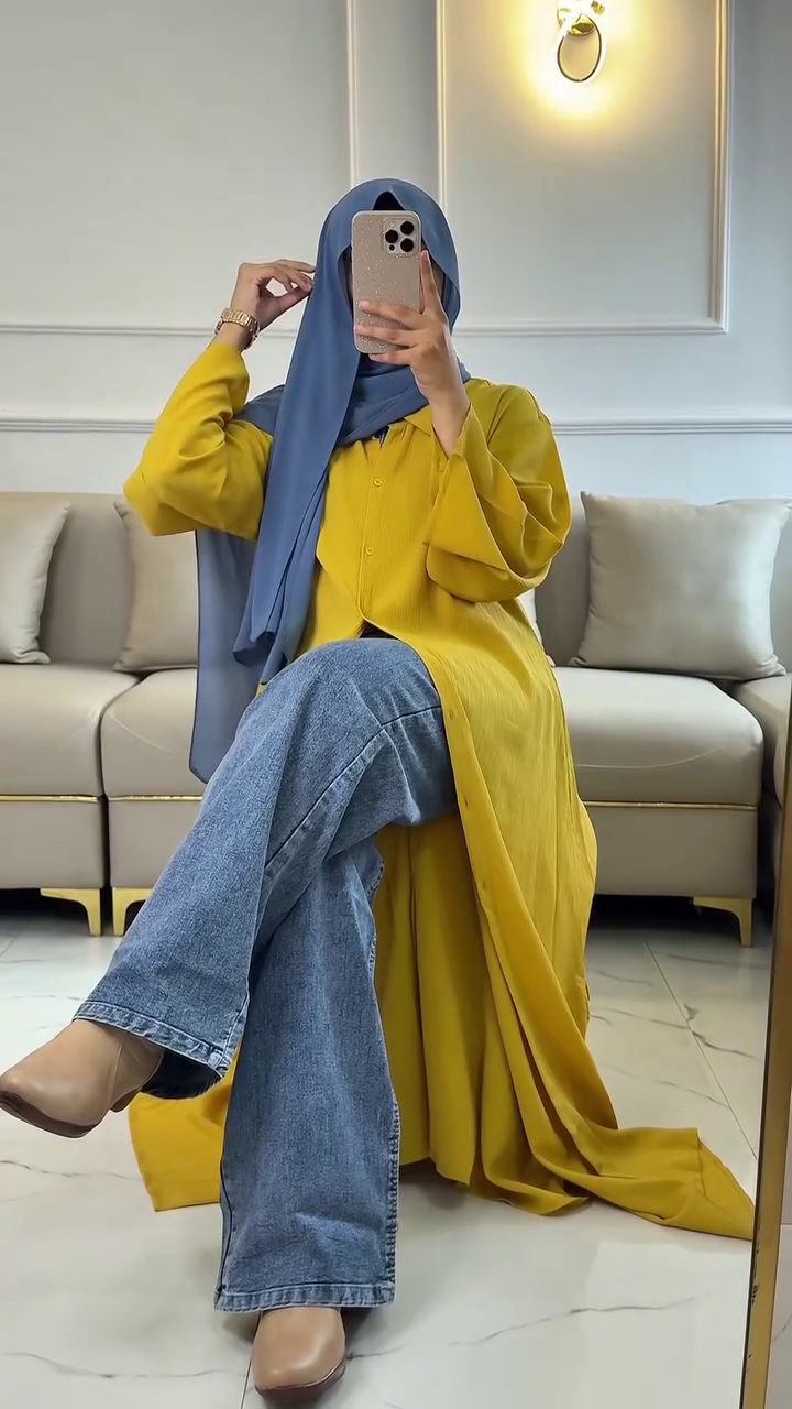Mustard Long Shrug Dress with Denim – Modest & Trendy Fusion Look 💛