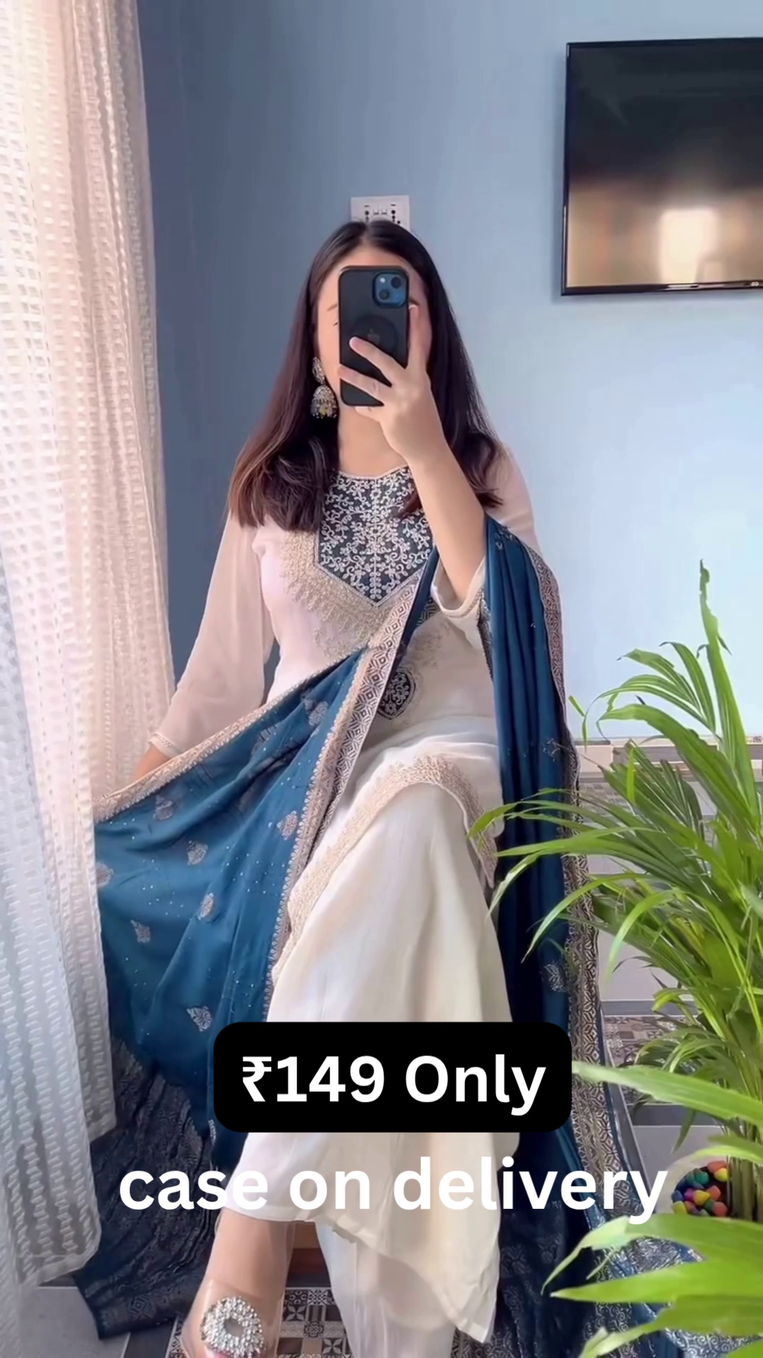 Elegant Cream Suit with Blue Dupatta – Classic Ethnic Grace ✨