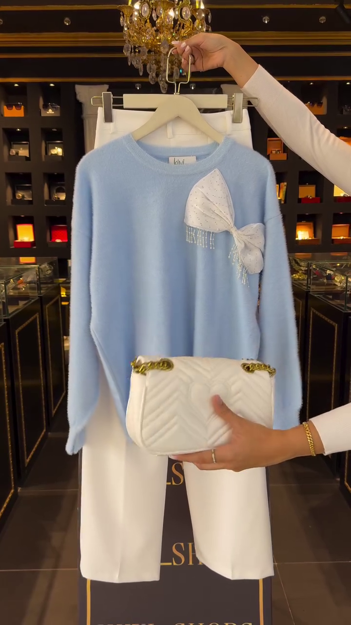 Elegant Pastel Blue Sweater & White Pants Combo – Soft Luxe Vibes