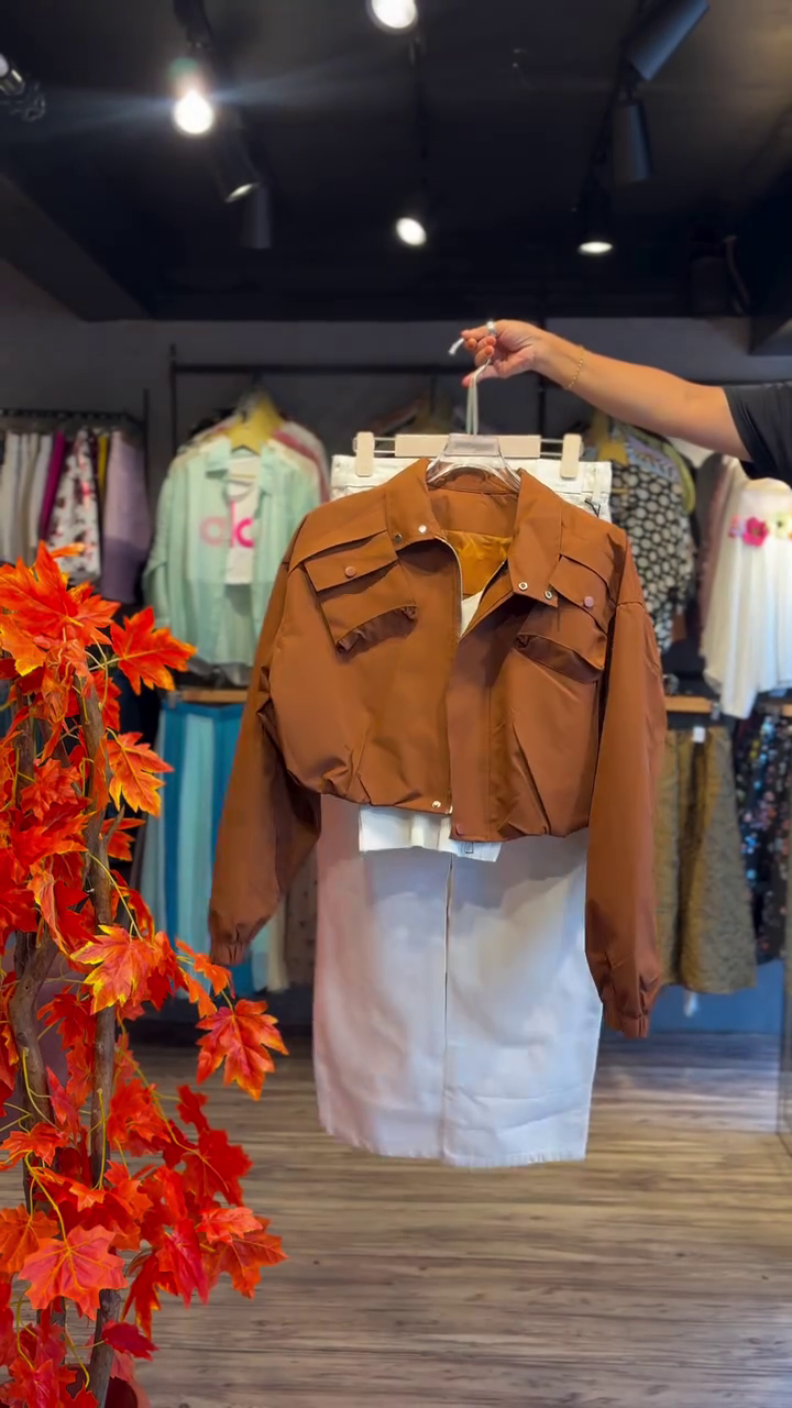 Trendy Brown Crop Jacket & White Skirt Combo – Modern Chic Look