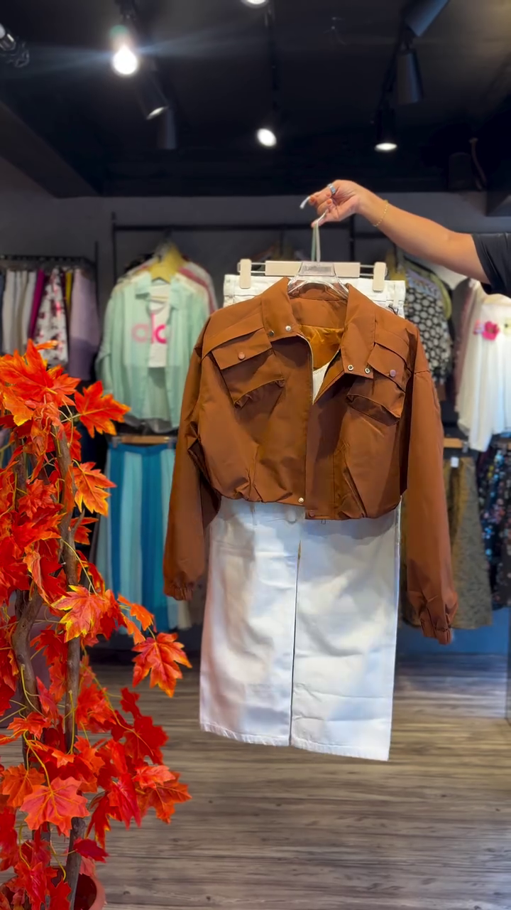Trendy Brown Crop Jacket & White Skirt Combo – Modern Chic Look