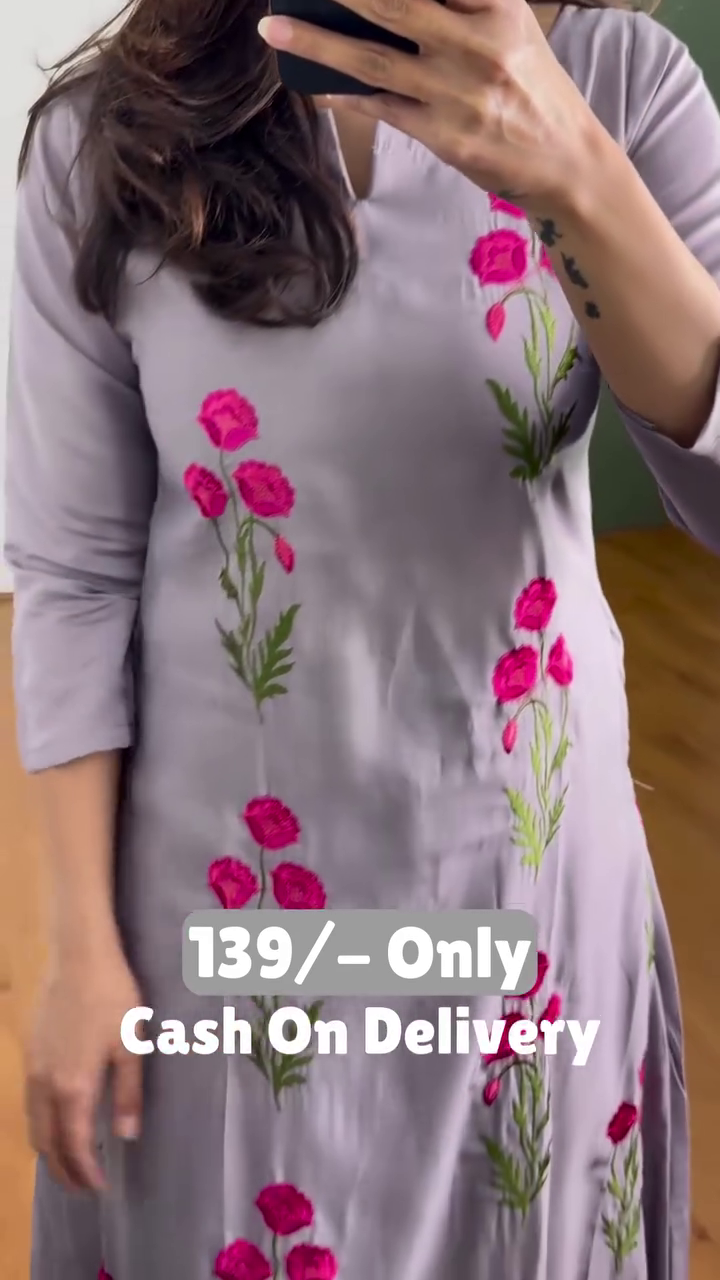 Chic Grey Floral Embroidered Kurti – Effortless Everyday Elegance